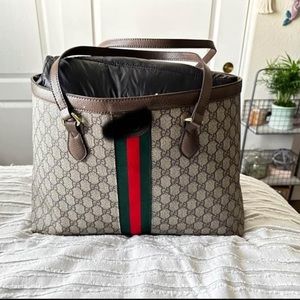 Designer inspired tote bag with attached zipper pouch